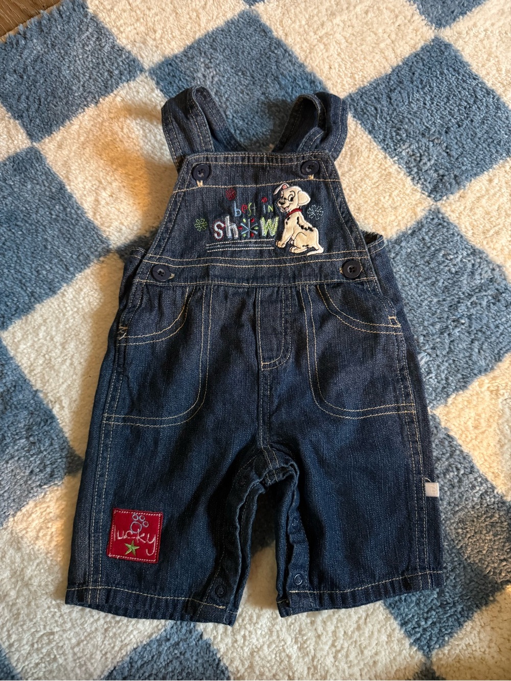 101 Dalmatian Dark Blue Denim Overalls Shortall with Puppy Embroidery